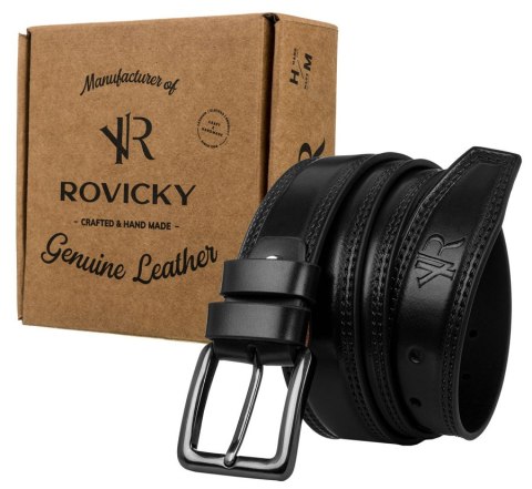 Pasek męski ze skóry naturalnej licowej o zdobionych brzegach - Rovicky Pasek męski ze skóry naturalnej licowej o zdobionych brzegach - Rovicky