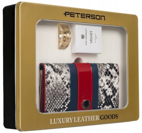 Zestaw prezentowy: skórzany portfel damski na zatrzask i woda perfumowana Velvet - Peterson Zestaw prezentowy: skórzany portfel damski na zatrzask i woda perfumowana Velvet - Peterson
