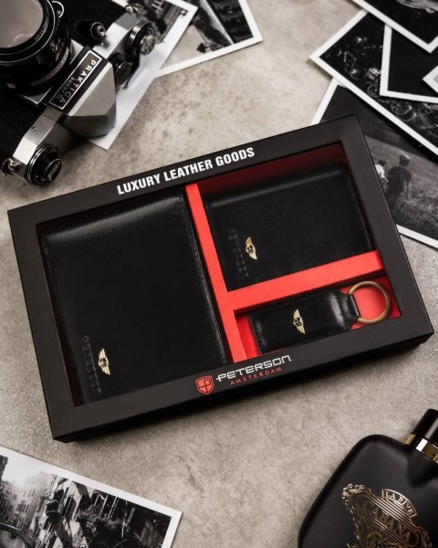 Zestaw prezentowy: elegancki skórzany portfel, etui na karty i brelok - Peterson Zestaw prezentowy: elegancki skórzany portfel, etui na karty i brelok - Peterson