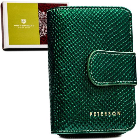 Elegancki, zielony portfel damski ze skóry naturalnej wyposażony w system RFID - Peterson Elegancki, zielony portfel damski ze skóry naturalnej wyposażony w system RFID - Peterson