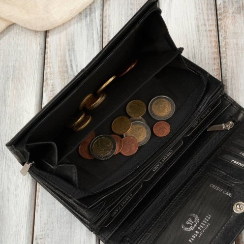Portfel damski skórzany duży czarny z ochroną RFID elegancki Paolo Peruzzi AL-06-BL Portfel damski skórzany duży czarny z ochroną RFID elegancki Paolo Peruzzi AL-06-BL