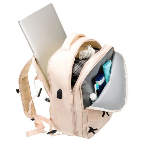 Plecak podróżny z portem USB wykonany z poliestru w beżowym kolorze - Peterson Plecak podróżny z portem USB wykonany z poliestru w beżowym kolorze - Peterson
