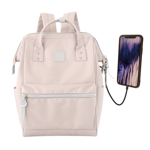 Plecak w kolorze pudrowego różu zawieszony na regulowanych szelkach i wyposażony w port USB - Himawari Plecak w kolorze pudrowego różu zawieszony na regulowanych szelkach i wyposażony w port USB - Himawari
