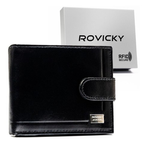 Czarny portfel męski ze skóry naturalnej zamykany zatrzaskiem - Rovicky Czarny portfel męski ze skóry naturalnej zamykany zatrzaskiem - Rovicky