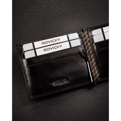 Elegancka banknotówka męska ze skóry naturalnej w czarnym kolorze - Rovicky Elegancka banknotówka męska ze skóry naturalnej w czarnym kolorze - Rovicky