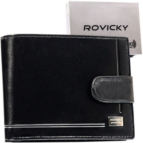 Portfel męski ze skóry naturalnej w czarnym kolorze zamykany zatrzaskiem - Rovicky Portfel męski ze skóry naturalnej w czarnym kolorze zamykany zatrzaskiem - Rovicky