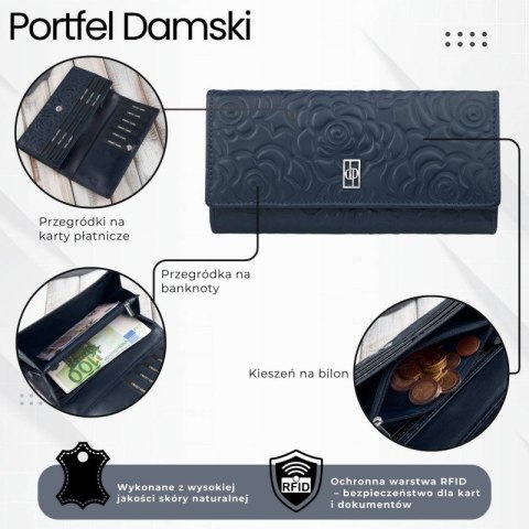 Duży portfel damski skórzany granatowy w kwiaty Paolo Peruzzi AL-12-NV Duży portfel damski skórzany granatowy w kwiaty Paolo Peruzzi AL-12-NV