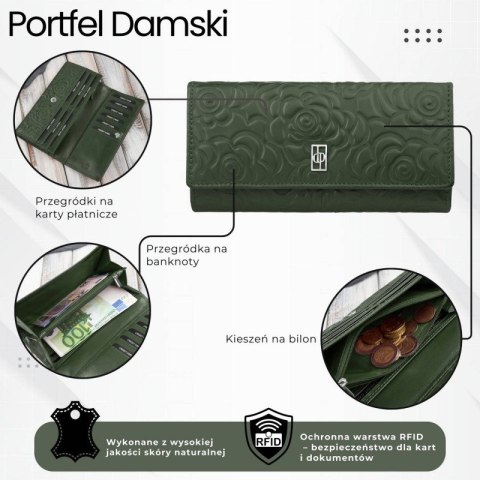 Portfel damski skórzany ciemnozielony w kwiatki duży Paolo Peruzzi AL-12-GB Portfel damski skórzany ciemnozielony w kwiatki duży Paolo Peruzzi AL-12-GB