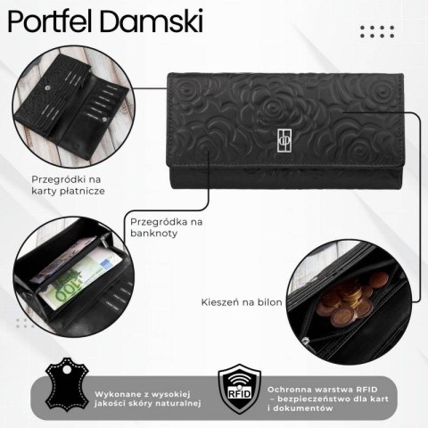 Portfel damski skórzany z tłoczeniem w kwiaty czarny z ochroną RFID Paolo Peruzzi AL-12-BL Portfel damski skórzany z tłoczeniem w kwiaty czarny z ochroną RFID Paolo Peruzzi AL-12-BL