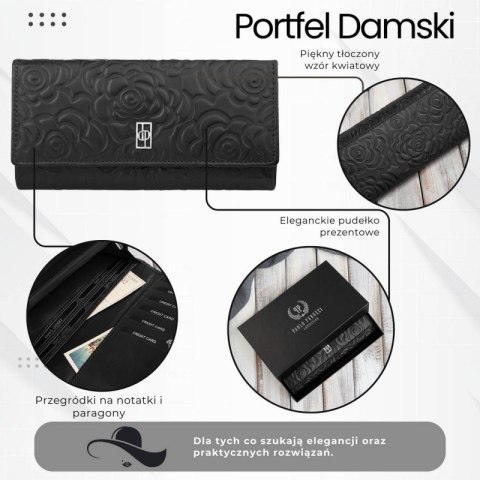 Portfel damski skórzany z tłoczeniem w kwiaty czarny z ochroną RFID Paolo Peruzzi AL-12-BL Portfel damski skórzany z tłoczeniem w kwiaty czarny z ochroną RFID Paolo Peruzzi AL-12-BL