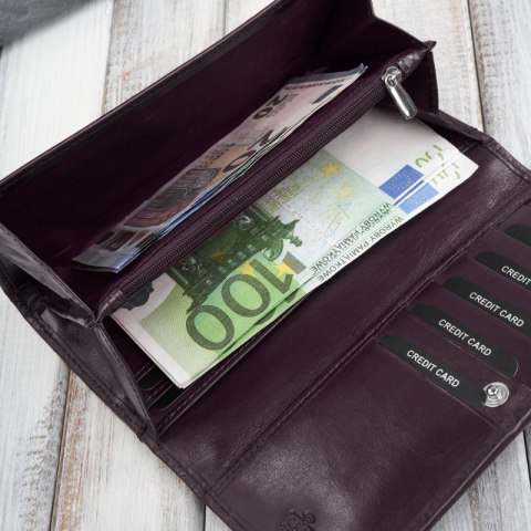 Poziomy portfel damski skórzany w kolorze burgundowym z metalowym logo duży Paolo Peruzzi AL-12-BGD Poziomy portfel damski skórzany w kolorze burgundowym z metalowym logo duży Paolo Peruzzi AL-12-BGD