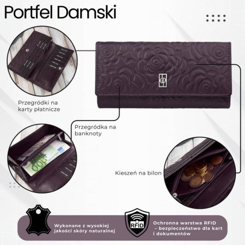 Poziomy portfel damski skórzany w kolorze burgundowym z metalowym logo duży Paolo Peruzzi AL-12-BGD Poziomy portfel damski skórzany w kolorze burgundowym z metalowym logo duży Paolo Peruzzi AL-12-BGD