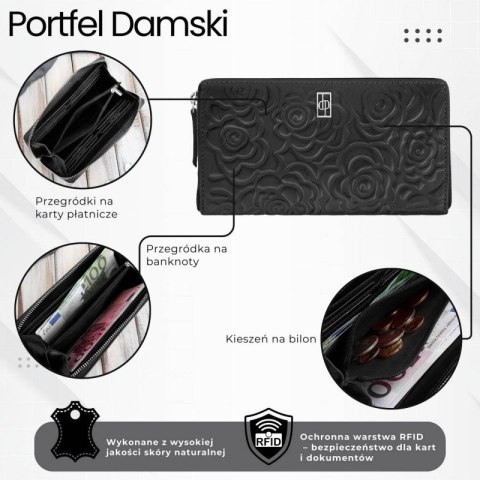 Czarny portfel damski ze skóry naturalnej w kwiaty Paolo Peruzzi AL-13-BL Czarny portfel damski ze skóry naturalnej w kwiaty Paolo Peruzzi AL-13-BL