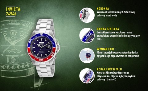 ZEGAREK MĘSKI INVICTA PRO DIVER 24946 - WR200, koperta 40mm (zv010b) ZEGAREK MĘSKI INVICTA PRO DIVER 24946 - WR200, koperta 40mm (zv010b)